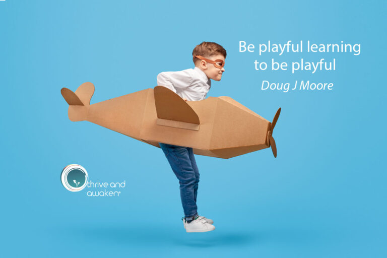 Boy in a paper airplane with the saying: Be playful learning to be playful